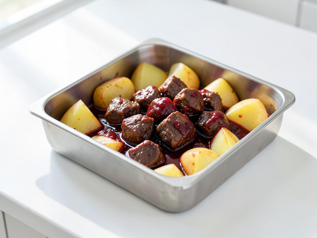 Beef vindaloo with potatoes in a stainless steel catering tray, hot halal curry