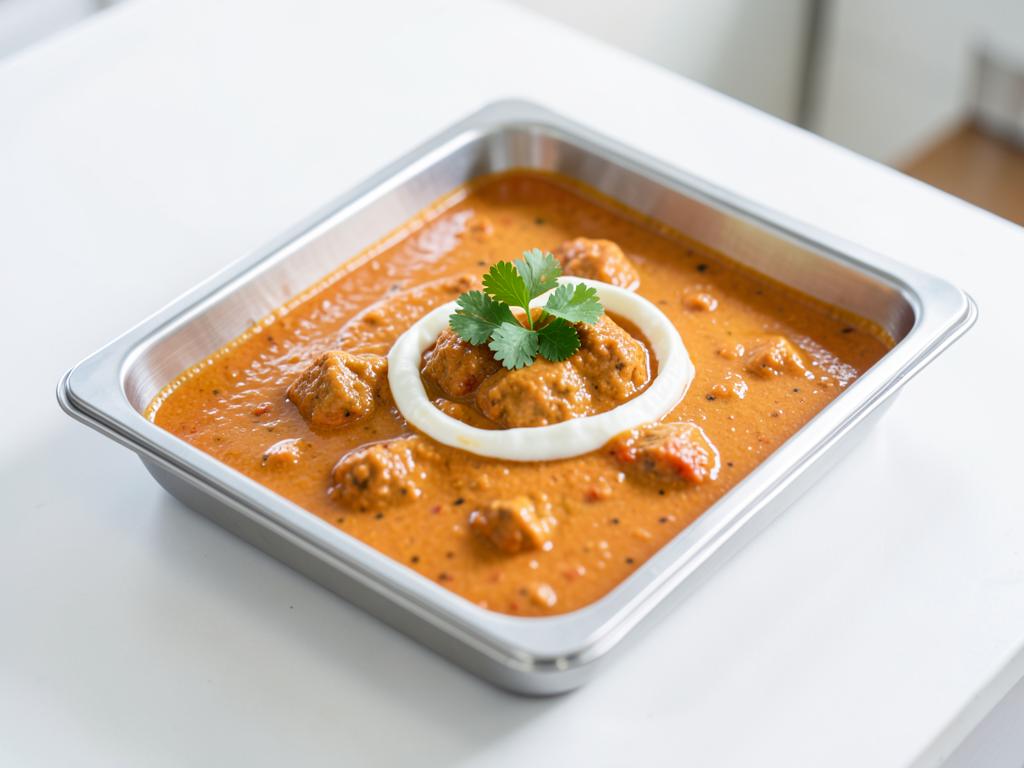 Fully cooked butter chicken curry in a stainless steel catering tray for foodservice