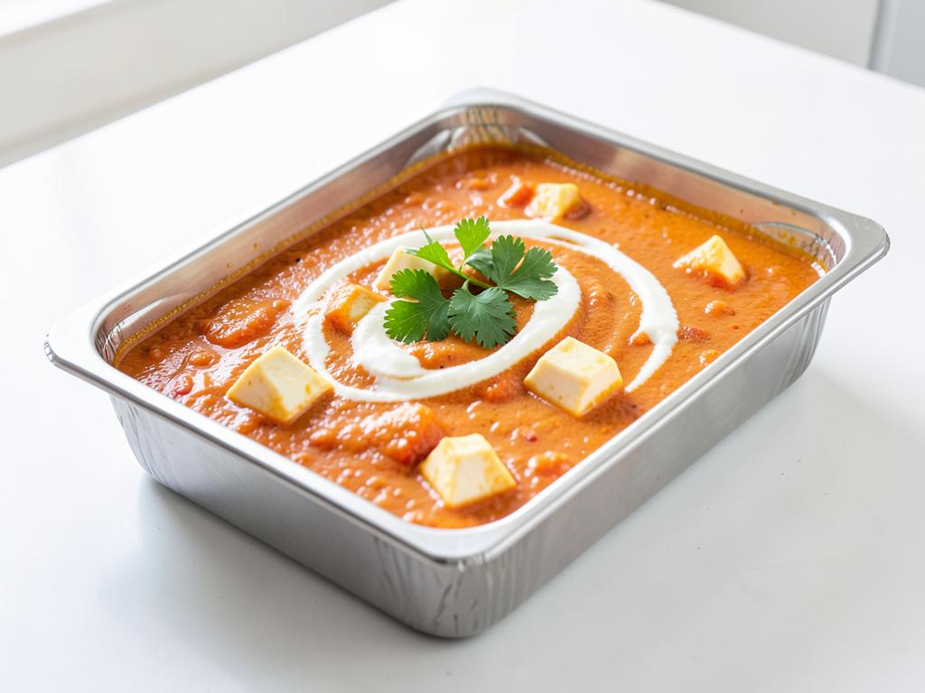 Butter paneer vegetarian curry in a stainless steel catering tray