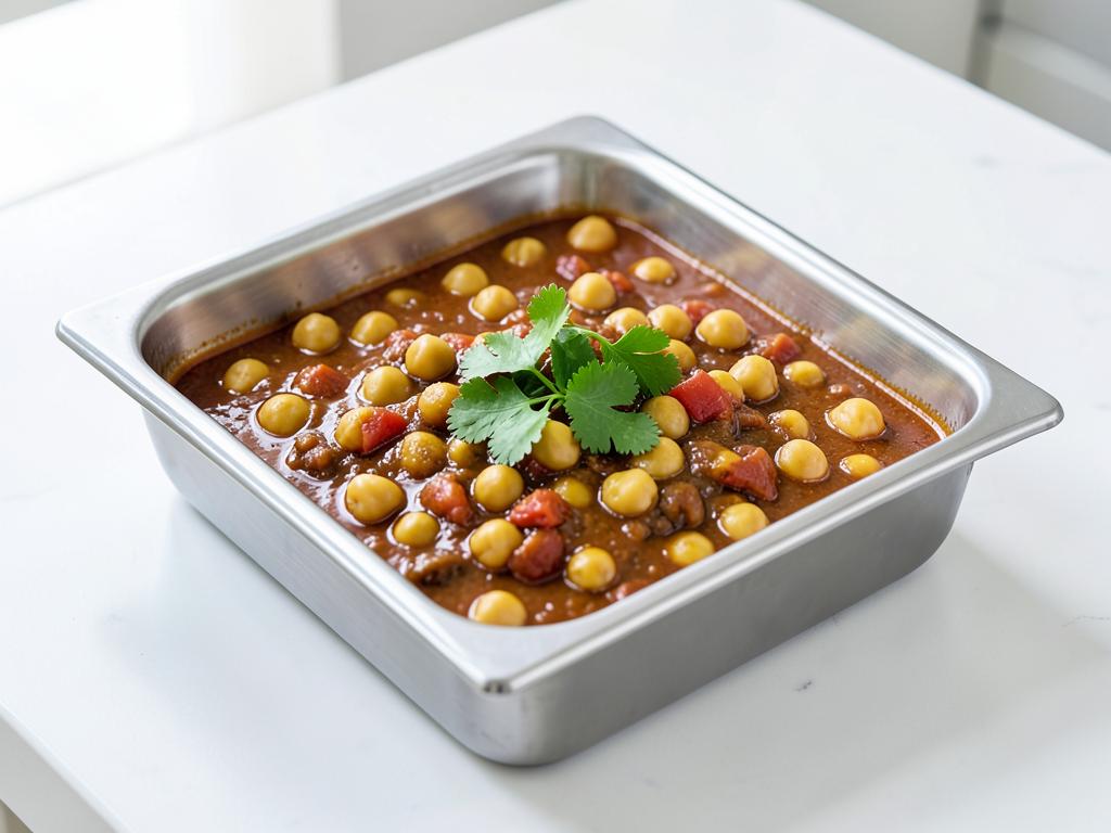 Chickpea masala chana curry in a catering tray, vegetarian wholesale curry