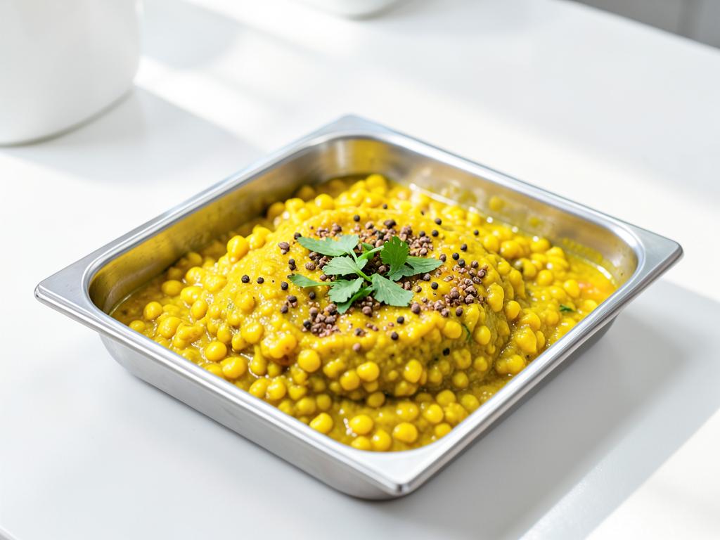Daal tadka yellow lentil curry in a catering tray for institutional kitchens