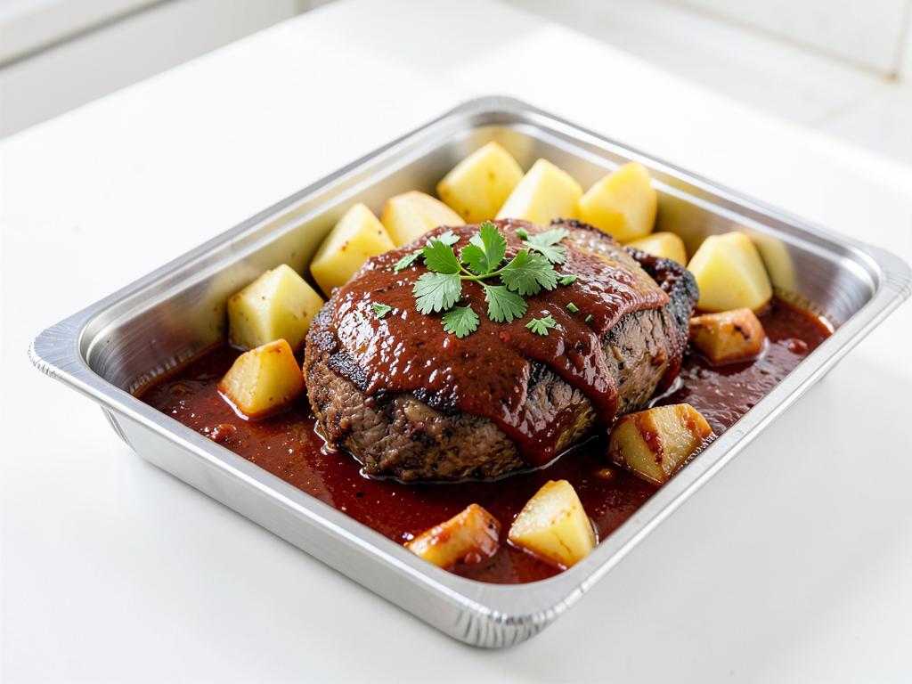 Lamb rogan josh with potatoes in a catering tray, halal wholesale lamb curry