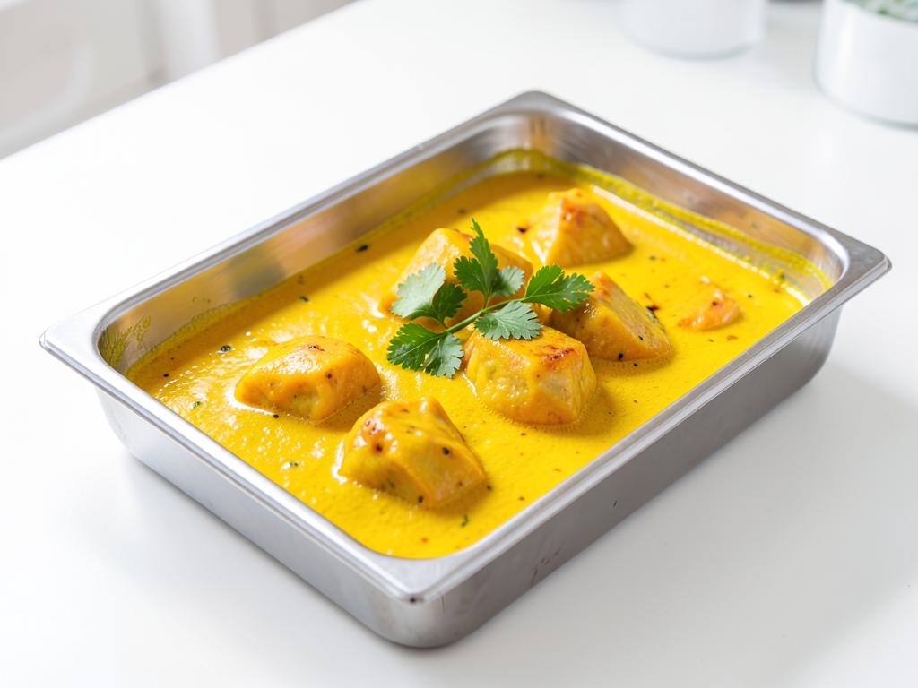 Mango chicken curry in a catering tray, mild curry for aged care kitchens