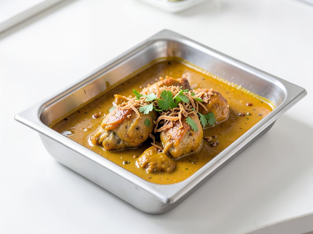 Mughlai chicken curry in a stainless steel catering tray for commercial kitchens