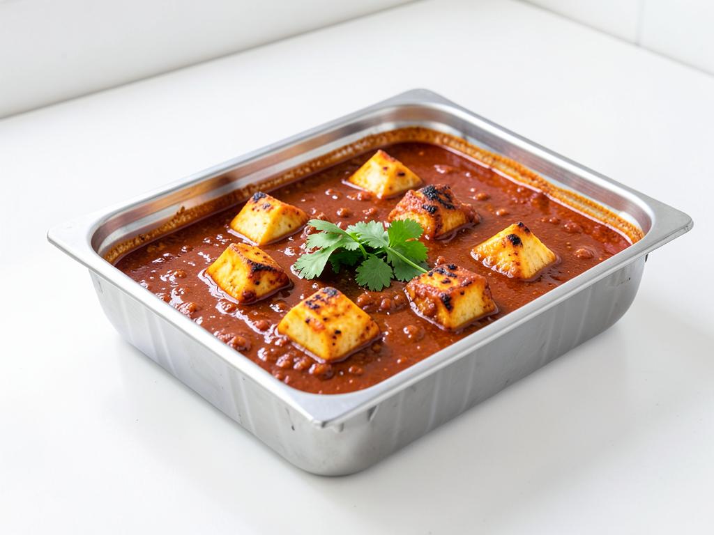 Paneer tikka masala vegetarian curry in a foodservice catering tray